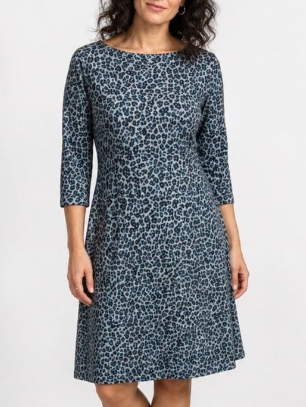 Talbots stretch ponté knit animal leopard print dress gray black teal blue 4
